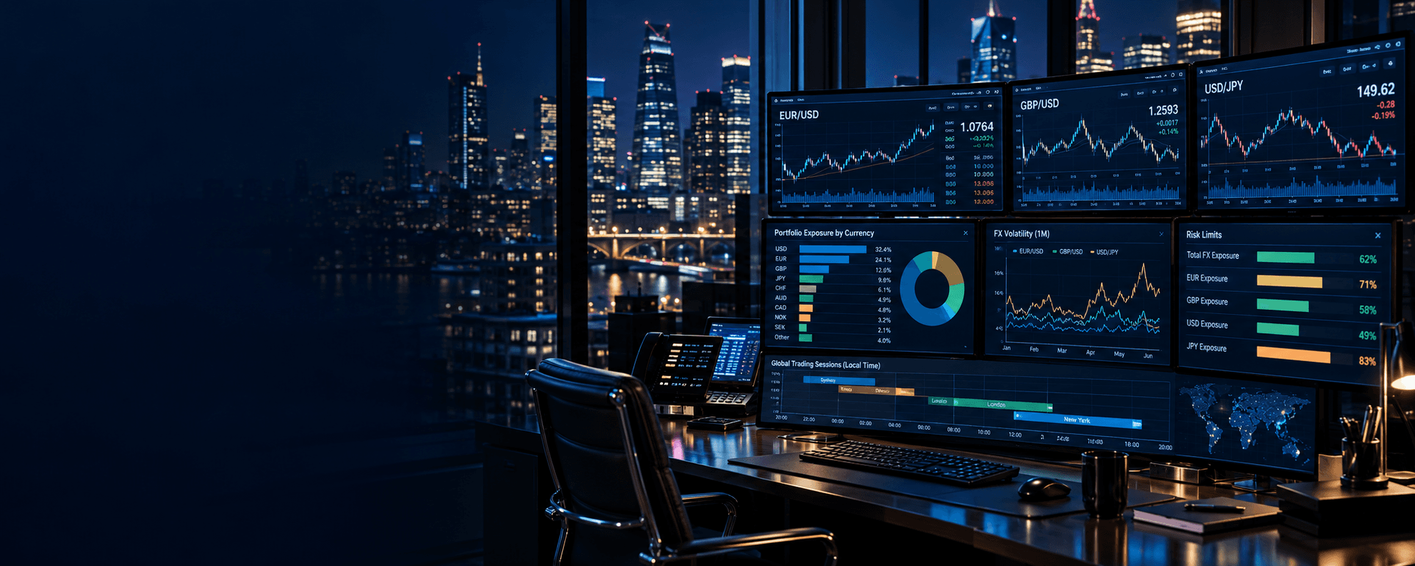 Illustrative FX trading desk with currency-pair charts, portfolio exposure, volatility, and risk-limit dashboards
